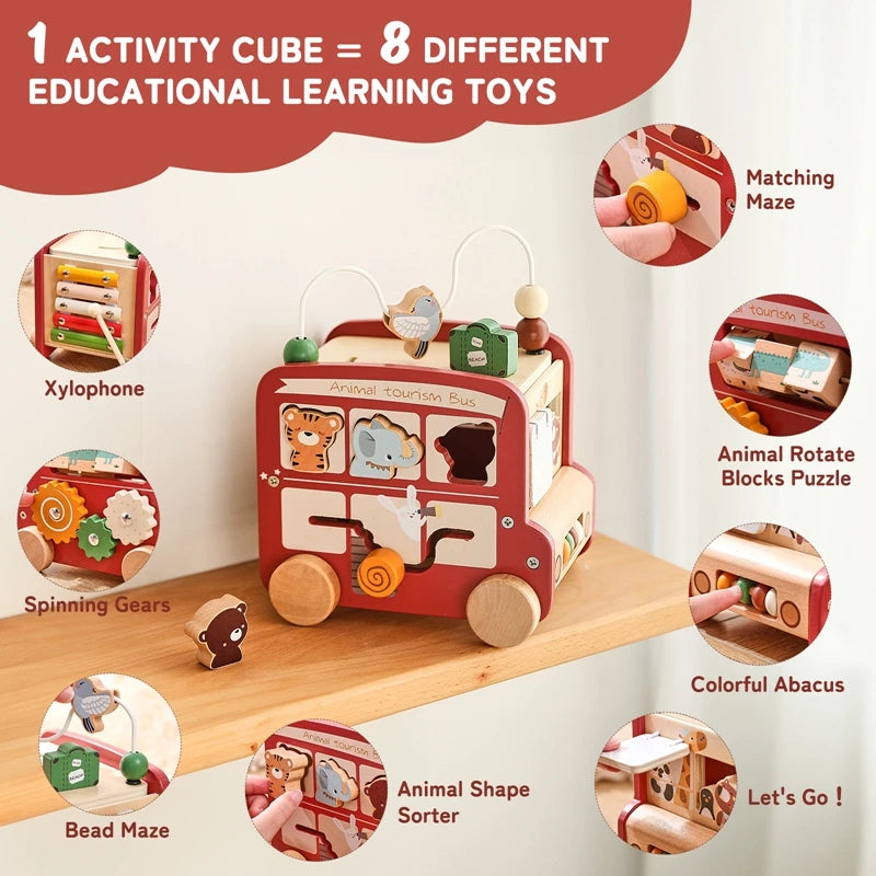 Montessori Wooden Multi-Activity Cube, Education Busy Board for baby and Toddlers