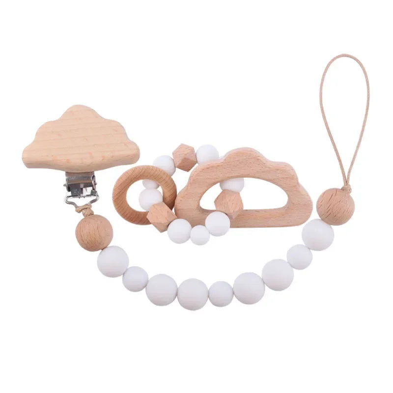 2Pcs Baby Pacifier Clip Wooden Teethers Bracelet Set, Teething Toy Anti-lost Chain