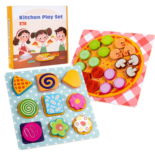 Wooden Montessori Kids Pizza & Cookie Cutting Toy Set – Pretend Play Kitchen Food Simulation