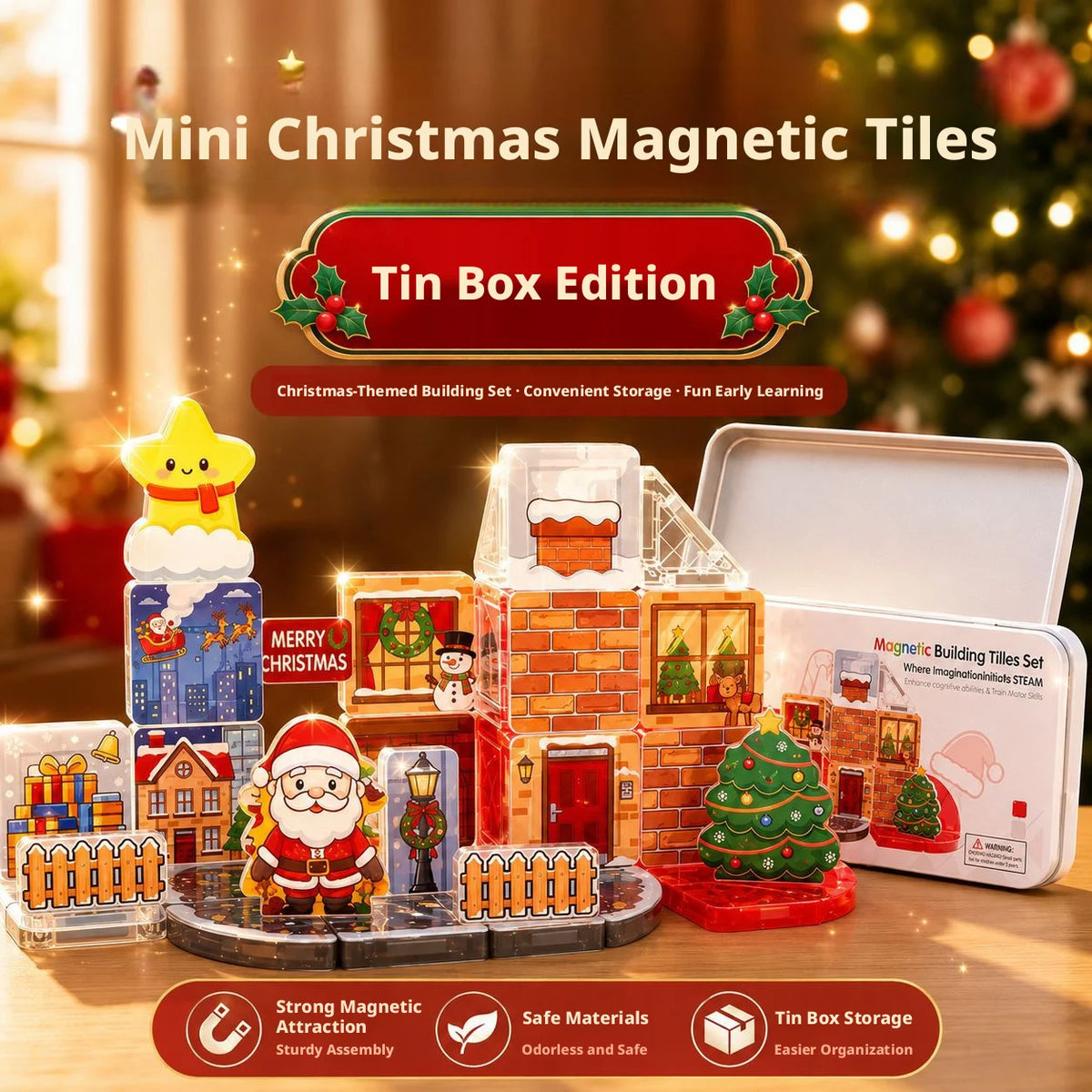 Christmas Mini Magnetic Blocks Puzzle Set For Kids With Portable Iron Box