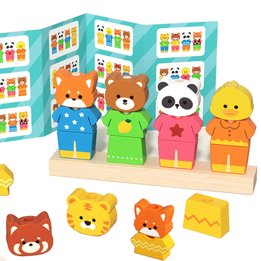 Montessori Wooden Animal Dressing Up Blocks Stacked Game, Shape Matching