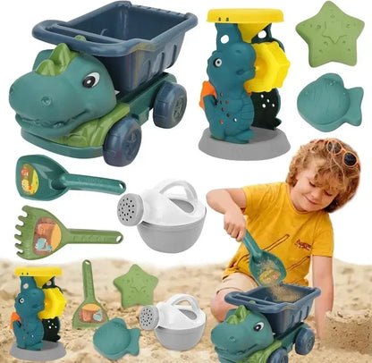 Dinosaur Beach Toy Car & Shovel Set, Sand Toys with Hourglass Dredger Fun Beach Activity
