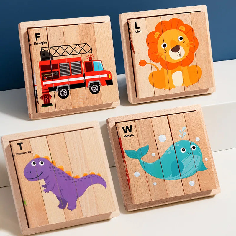 4-in-1 Mntessori 3D Wooden Animal & Transport Block Puzzle