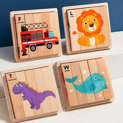 4-in-1 Mntessori 3D Wooden Animal & Transport Block Puzzle