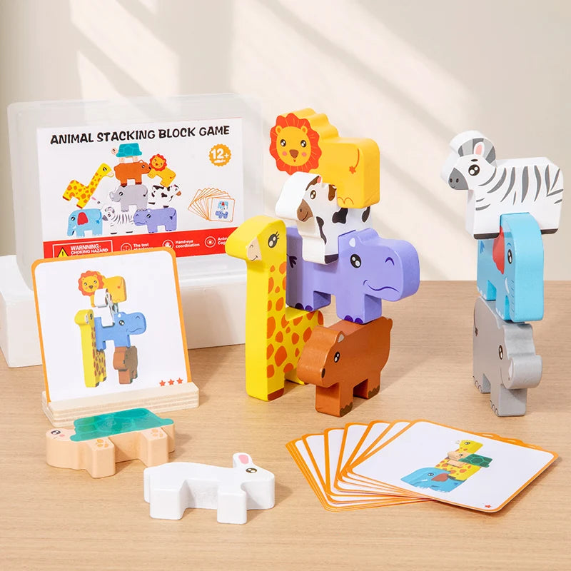 Montessori Wooden Animal Stacking Block Game Shape Matching Puzzle Balance Toy