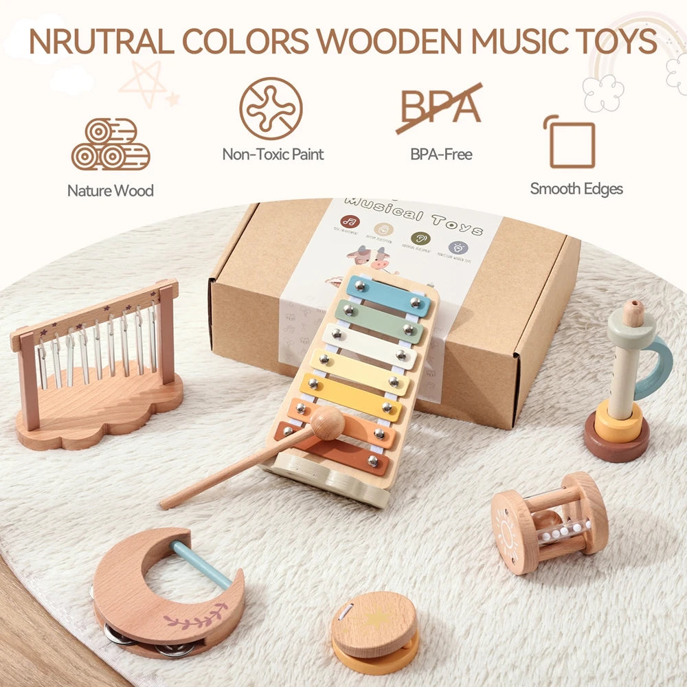 6-Piece Wooden Baby Musical Instrument Set – Sensory Sound & Music Toy
