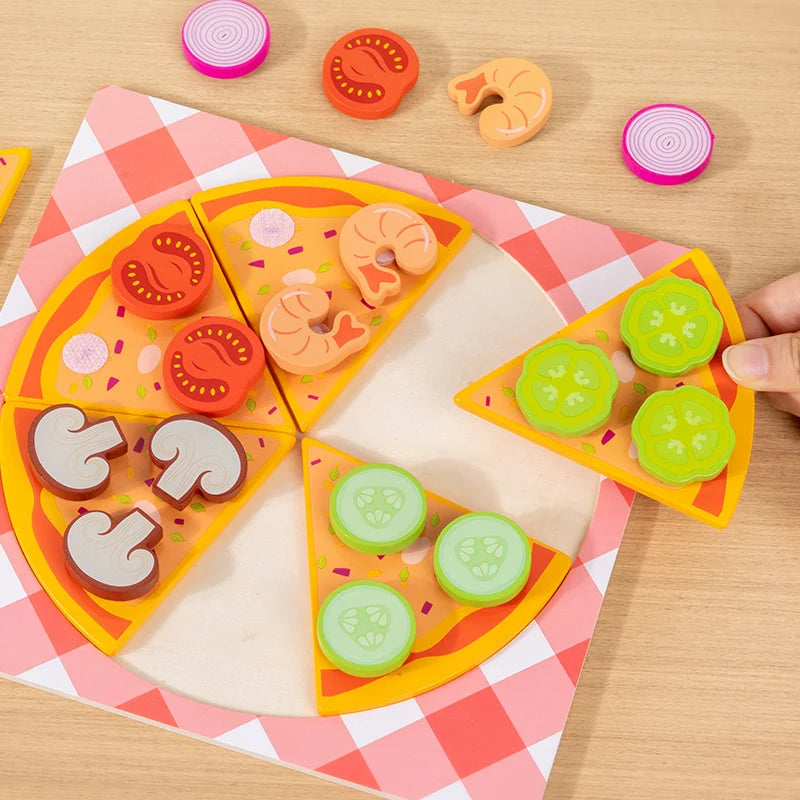 Wooden Montessori Kids Pizza & Cookie Cutting Toy Set – Pretend Play Kitchen Food Simulation