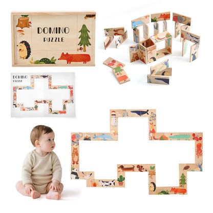 Wooden Cartoon Animal Domino & Puzzle Stack Blocks – Educational Montessori Toy