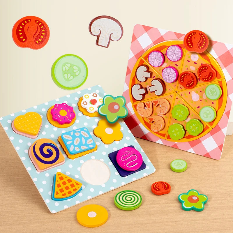 Wooden Montessori Kids Pizza & Cookie Cutting Toy Set – Pretend Play Kitchen Food Simulation