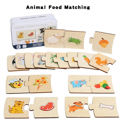 Wooden Animal & Food Matching Puzzle Toy, Toddler Learning Game