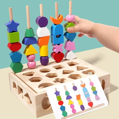 5-in-1 Montessori Wooden Pillar Toy Set – Color, Shape, Sorting & Beading Educational Game for Kids