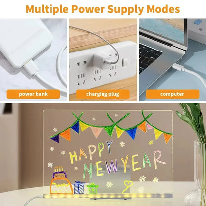 LED Acrylic Drawing Board & Night Light with Colorful Pens