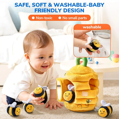 Montessori Busy Beehive Plush Toy – Soft Sensory Baby Toy with Rattle, Mirror, Crinkle & Squeaker Bees