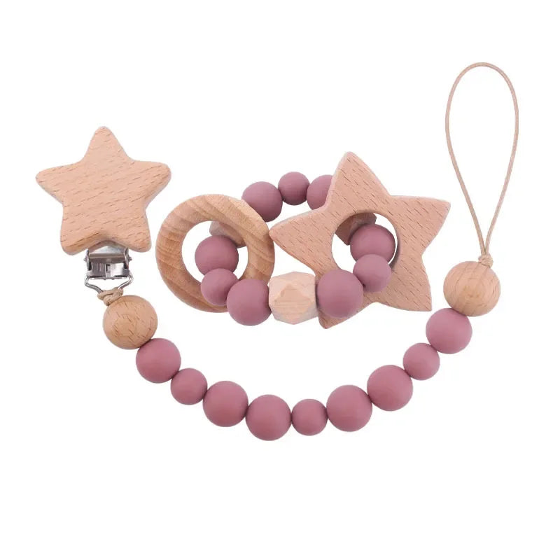 2Pcs Baby Pacifier Clip Wooden Teethers Bracelet Set, Teething Toy Anti-lost Chain