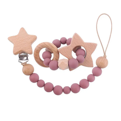 2Pcs Baby Pacifier Clip Wooden Teethers Bracelet Set, Teething Toy Anti-lost Chain