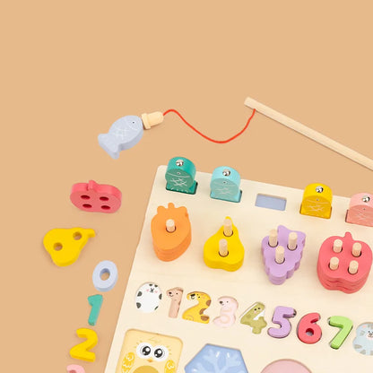 Montessori Kids’ Wooden Cognitive Play Board – Counting, Shapes, Colors & Fishing Game