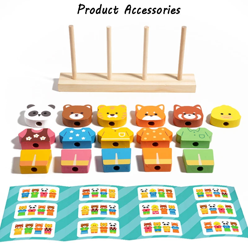 Montessori Wooden Animal Dressing Up Blocks Stacked Game, Shape Matching