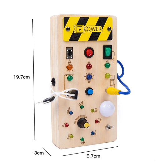 Montessori Toddler Wooden Busy Board – Sensory Light Switch Toy with 8 LED Lights
