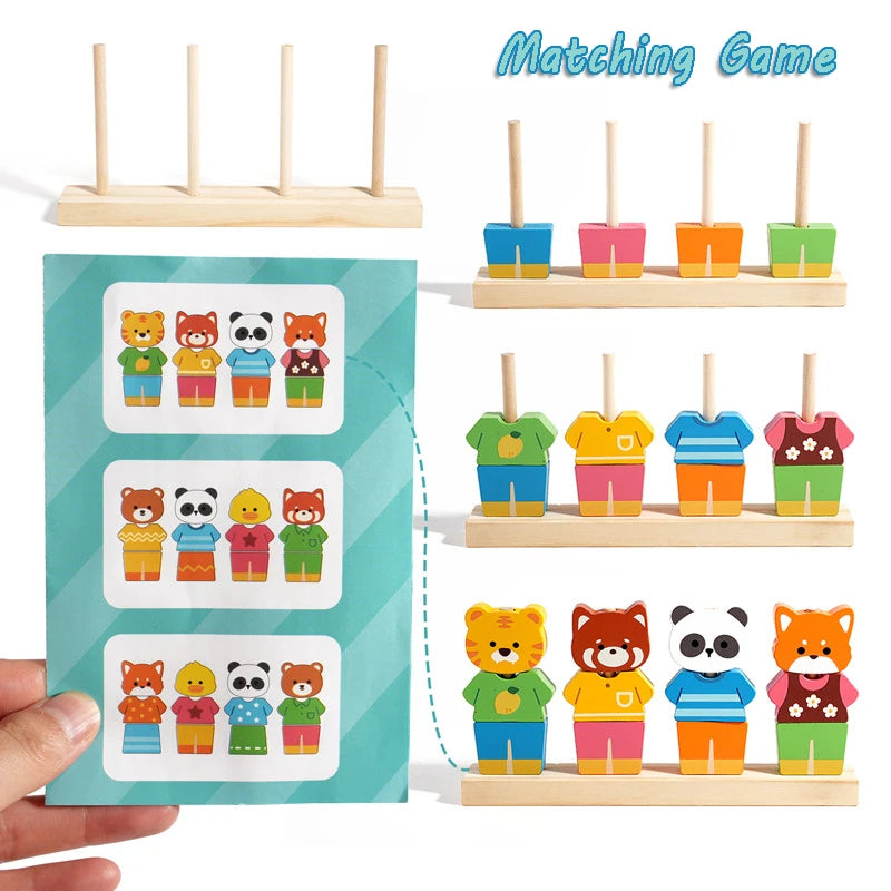 Montessori Wooden Animal Dressing Up Blocks Stacked Game, Shape Matching
