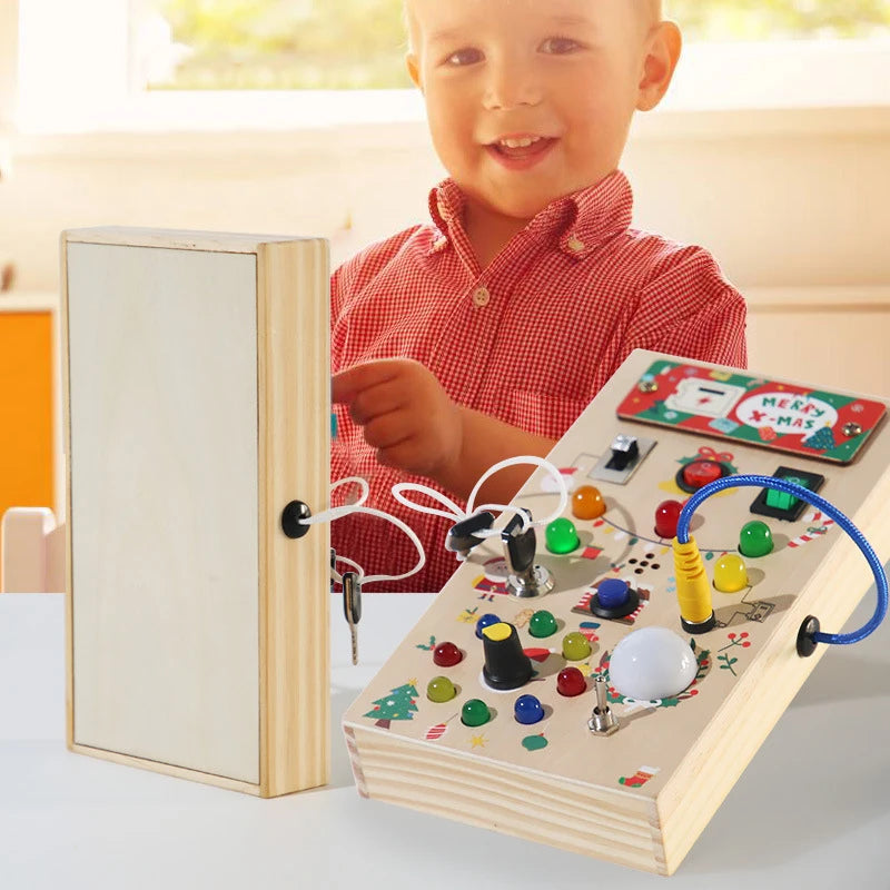 Montessori Toddler Wooden Busy Board – Sensory Light Switch Toy with 8 LED Lights