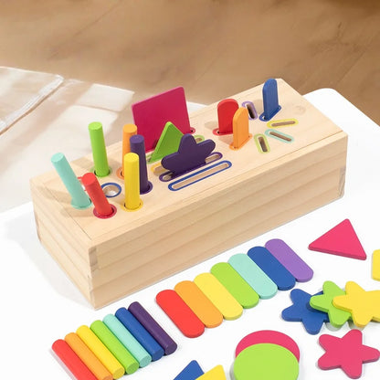 Montessori Wooden 3D Geometric Solids Toy, Shape Sorting & Color Matching