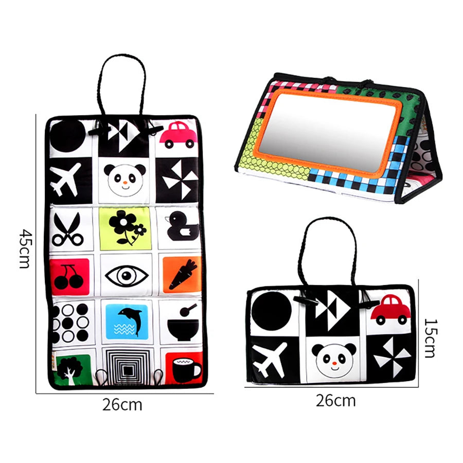 Foldable Baby Mirror Tummy Time Activity Soft Book, Crib Toy for Babies