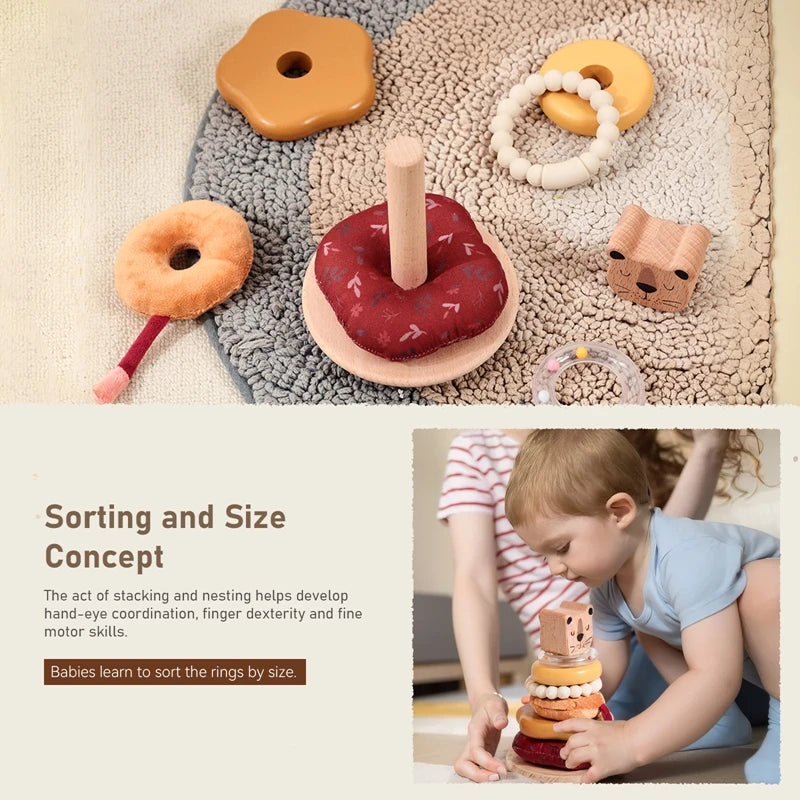 Montessori Wooden Stacking Pole Toy, Sensory Building Game with Soft Cotton Teether & Rattle
