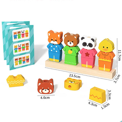 Montessori Wooden Animal Dressing Up Blocks Stacked Game, Shape Matching