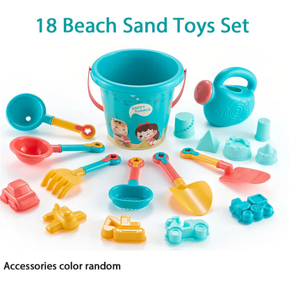 18PCS Beach Sand Toy Set, Beach Bucket Play Set Kids Toy with Shovel Sand Moulds