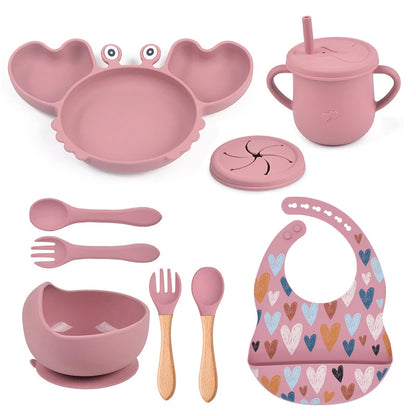 9Pcs Silicone Baby Feeding Set Dishwasher Safe Suction Bowl Bib Plate Spoon Cup (BPA Free) - LittleOzKid