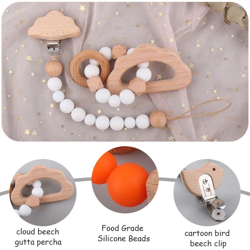 2Pcs Baby Pacifier Clip Wooden Teethers Bracelet Set, Teething Toy Anti-lost Chain