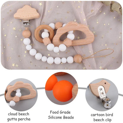 2Pcs Baby Pacifier Clip Wooden Teethers Bracelet Set, Teething Toy Anti-lost Chain