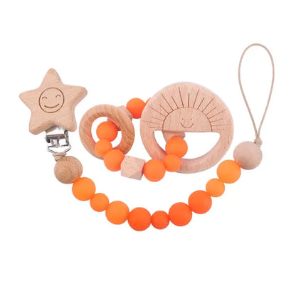 2Pcs Baby Pacifier Clip Wooden Teethers Bracelet Set, Teething Toy Anti-lost Chain