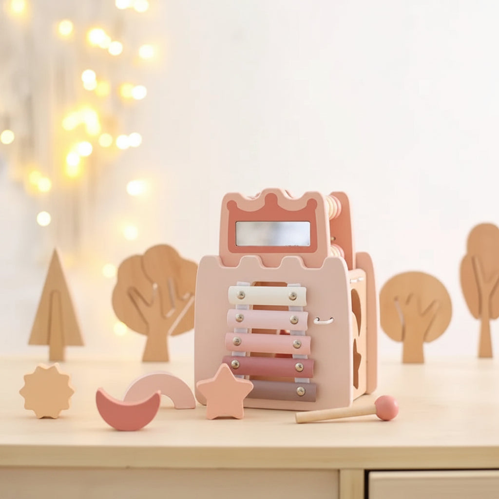 Montessori Wooden Activity Cube & Musical Busy Box Toy
