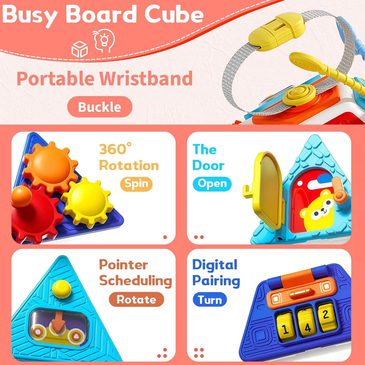Montessori Sensory Activity Busy Cube for Baby and Toddler, Fine Motor Skills Toy