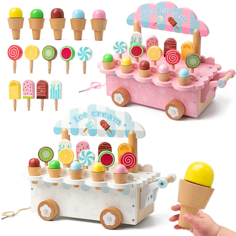 Montessori Wooden Ice Cream Pretend Play Set, Kitchen Play Accessories for Kids