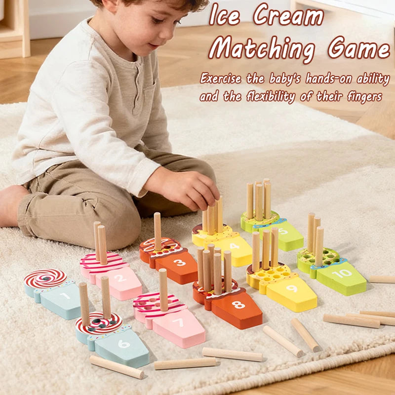 Montessori Ice Cream Math Counting Peg Board – Early Learning Number Matching Educational Toy
