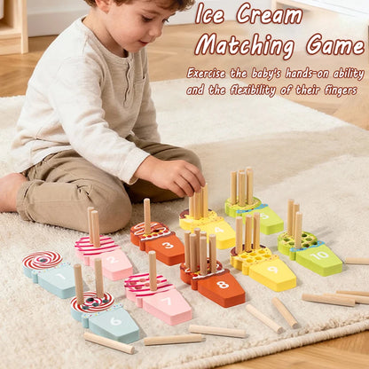 Montessori Ice Cream Math Counting Peg Board – Early Learning Number Matching Educational Toy