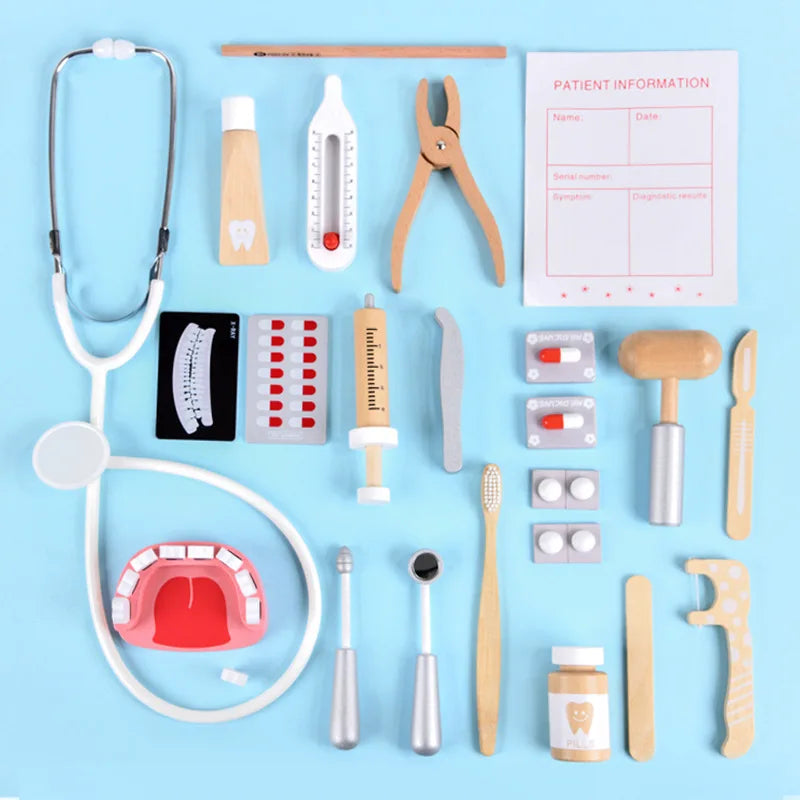 Wooden Kids Dentist Toy Set, Doctor Pretend Role Play Medicine Box Set - LittleOzKid
