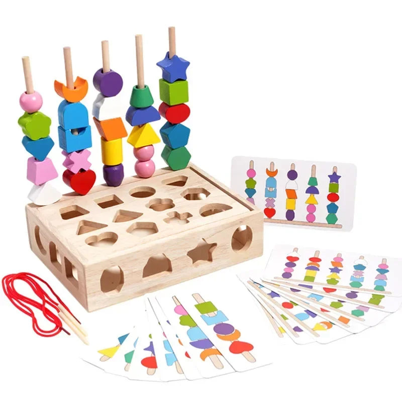 5-in-1 Montessori Wooden Pillar Toy Set – Color, Shape, Sorting & Beading Educational Game for Kids