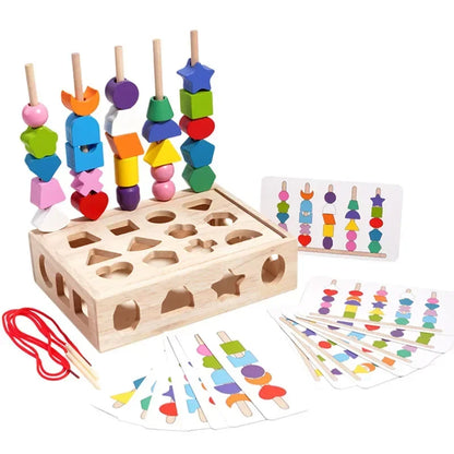 5-in-1 Montessori Wooden Pillar Toy Set – Color, Shape, Sorting & Beading Educational Game for Kids