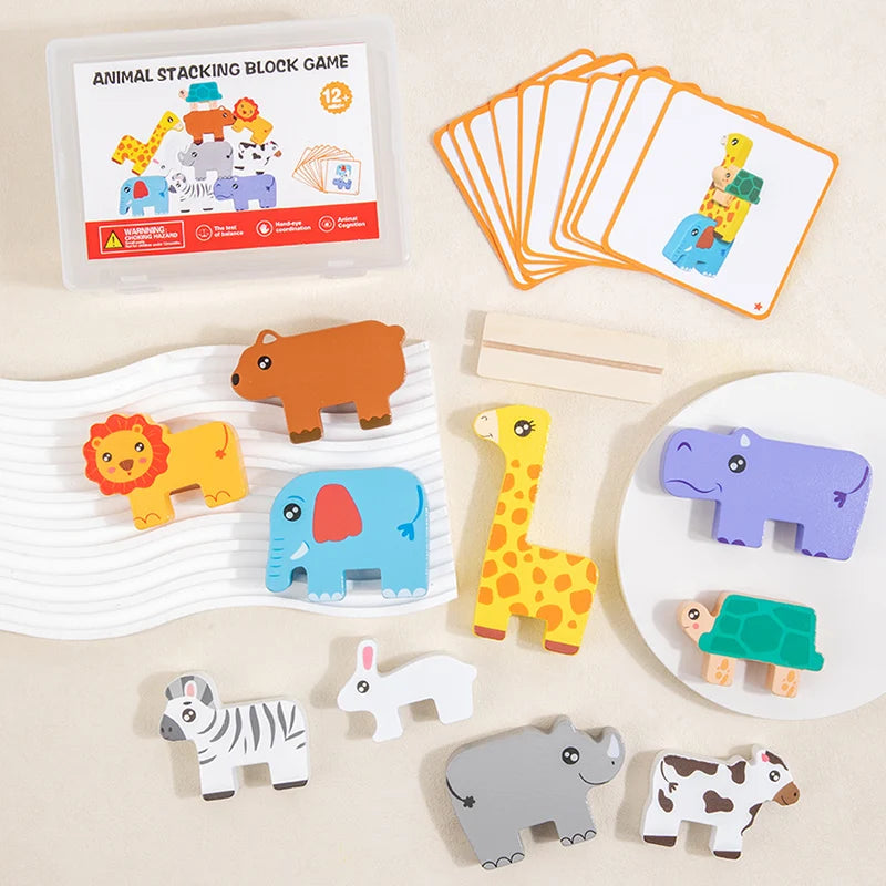 Montessori Wooden Animal Stacking Block Game Shape Matching Puzzle Balance Toy
