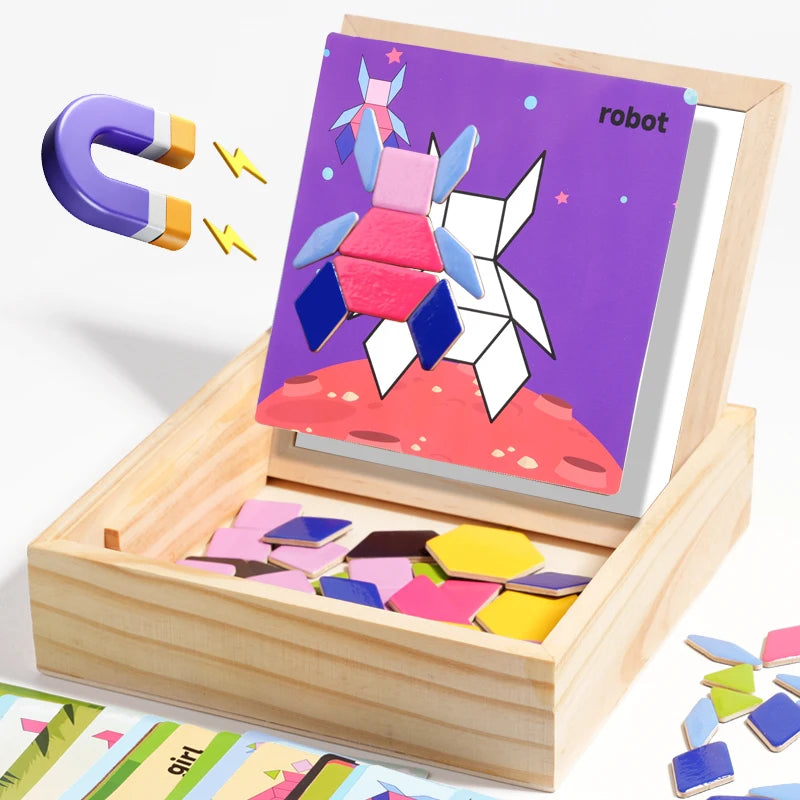 Montessori Wooden Magnetic Tangram Puzzle – Geometric Shape Sorter for Early Learning