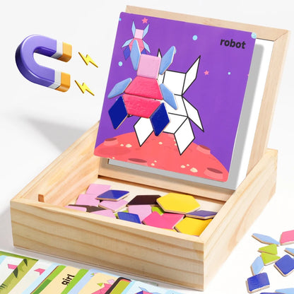 Montessori Wooden Magnetic Tangram Puzzle – Geometric Shape Sorter for Early Learning