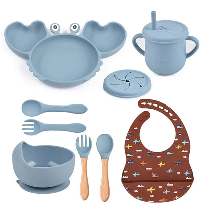 9Pcs Silicone Baby Feeding Set Dishwasher Safe Suction Bowl Bib Plate Spoon Cup (BPA Free) - LittleOzKid